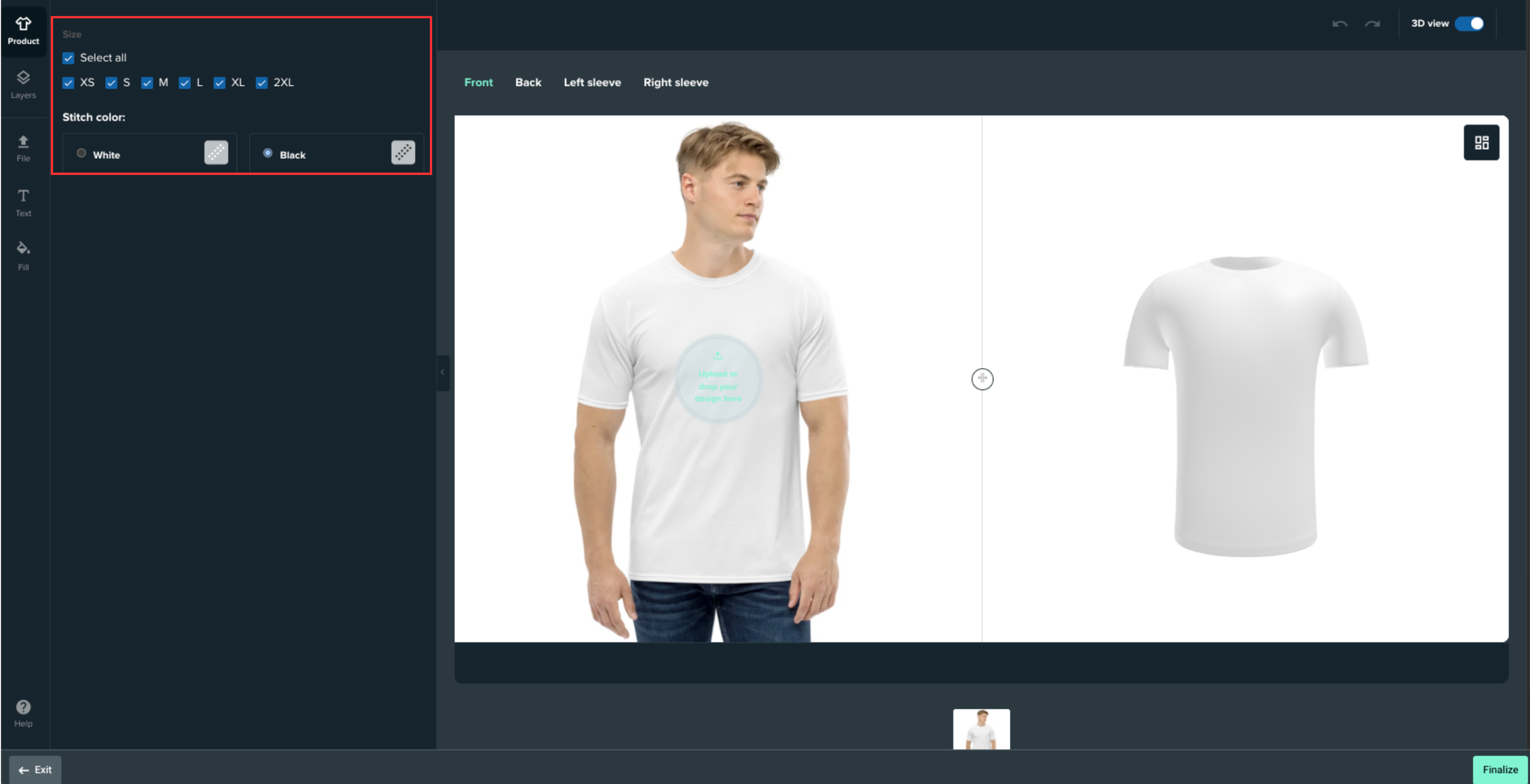 Change the color of the stitching or select your sizes using the Product tab in the left hand toolbar of the merch editor.